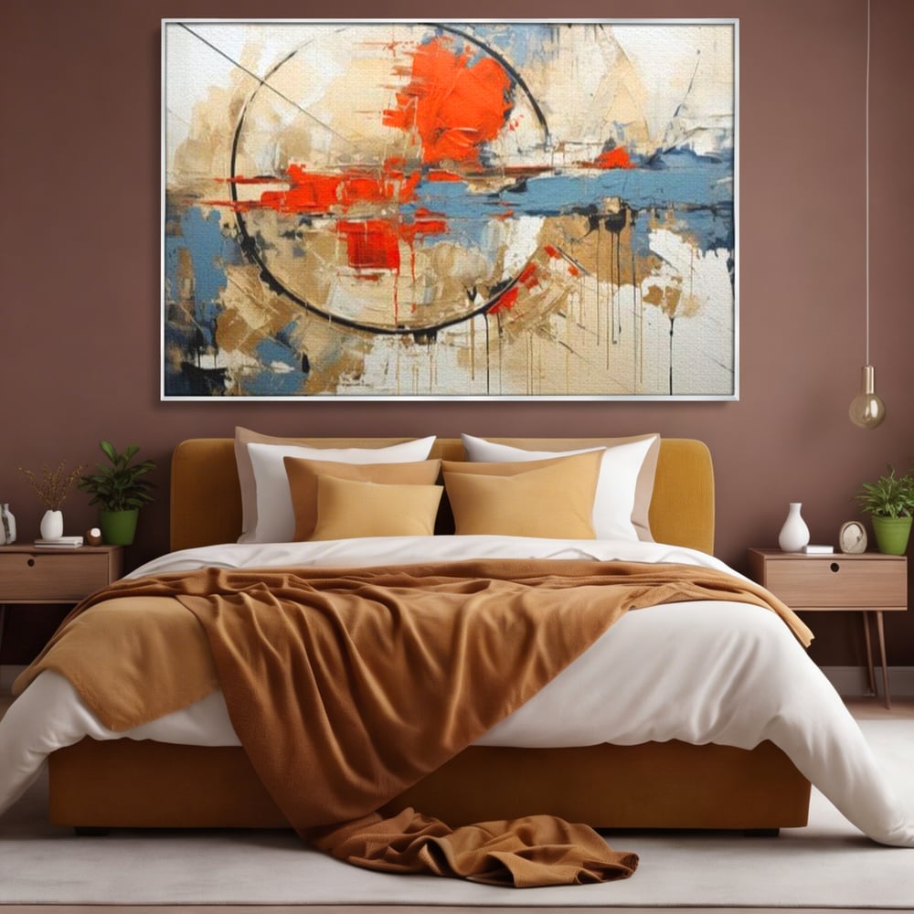 Tablou canvas cu pictura abstracta cu cerc negru si pete rosii, in rama de aluminiu argintiu, pe perete intr-un dormitor